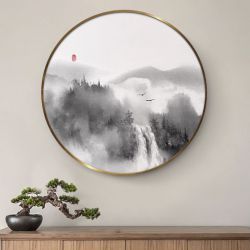 纯手绘油画新中式圆形挂画山水画客厅沙发背景墙装饰画挂画